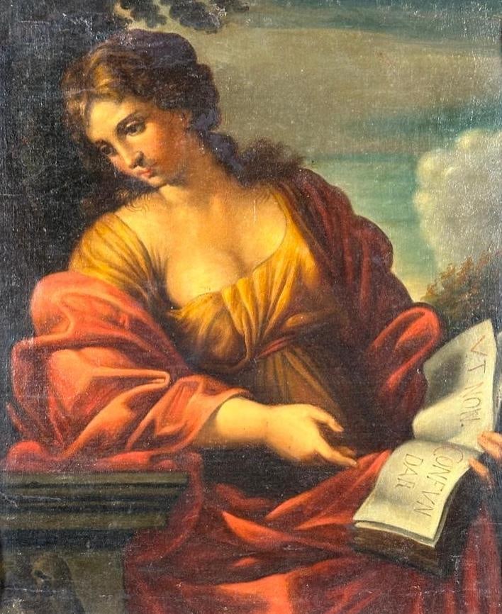 After Giovanni Francesco Romanelli, "The Cumaean Sibyl": After Giovanni Francesco Romanelli (Italian, 1610-1662) "The Cumaean Sibyl, " oil on canvas mounted to board, framed. Dimensions: 16.5 x 13.5 in. image size, 19 x 16 in. as framed. Condition: