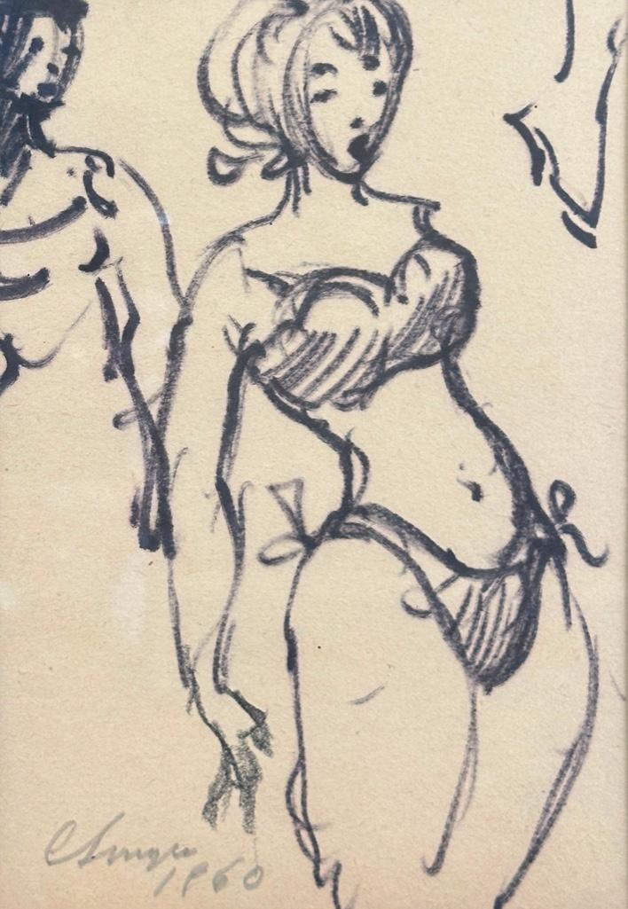 Clyde Singer Drawing, Girl in a Bikini: Clyde Singer (American 1908-1999) Girl in a Bikini, 1960, ink on paper, signed and dated in pencil lower left, matted and framed. Dimensions: 7.5 x 5 in. image size, 13.5 x 10.5 in. as framed. Conditi