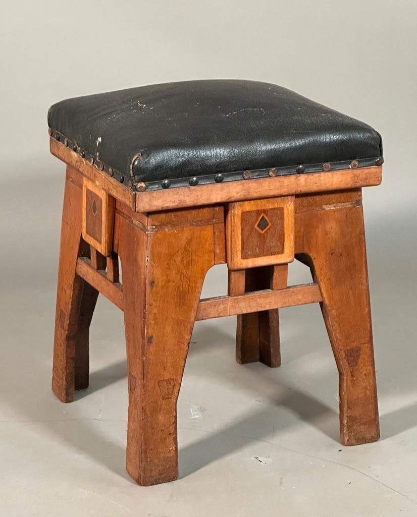 English Inlaid Wood Arts and Crafts Upholstered Stool (1 of 7)