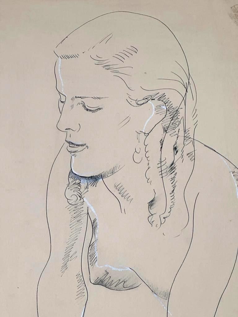 William Sommer Drawing, "Girl's Head": William Sommer (American 1867-1949) "Girl's Head," pen and ink and white heightening, signed in pencil lower right, inscribed with title verso, loose sheet. Dimensions: 18 x 12.5 in. sheet