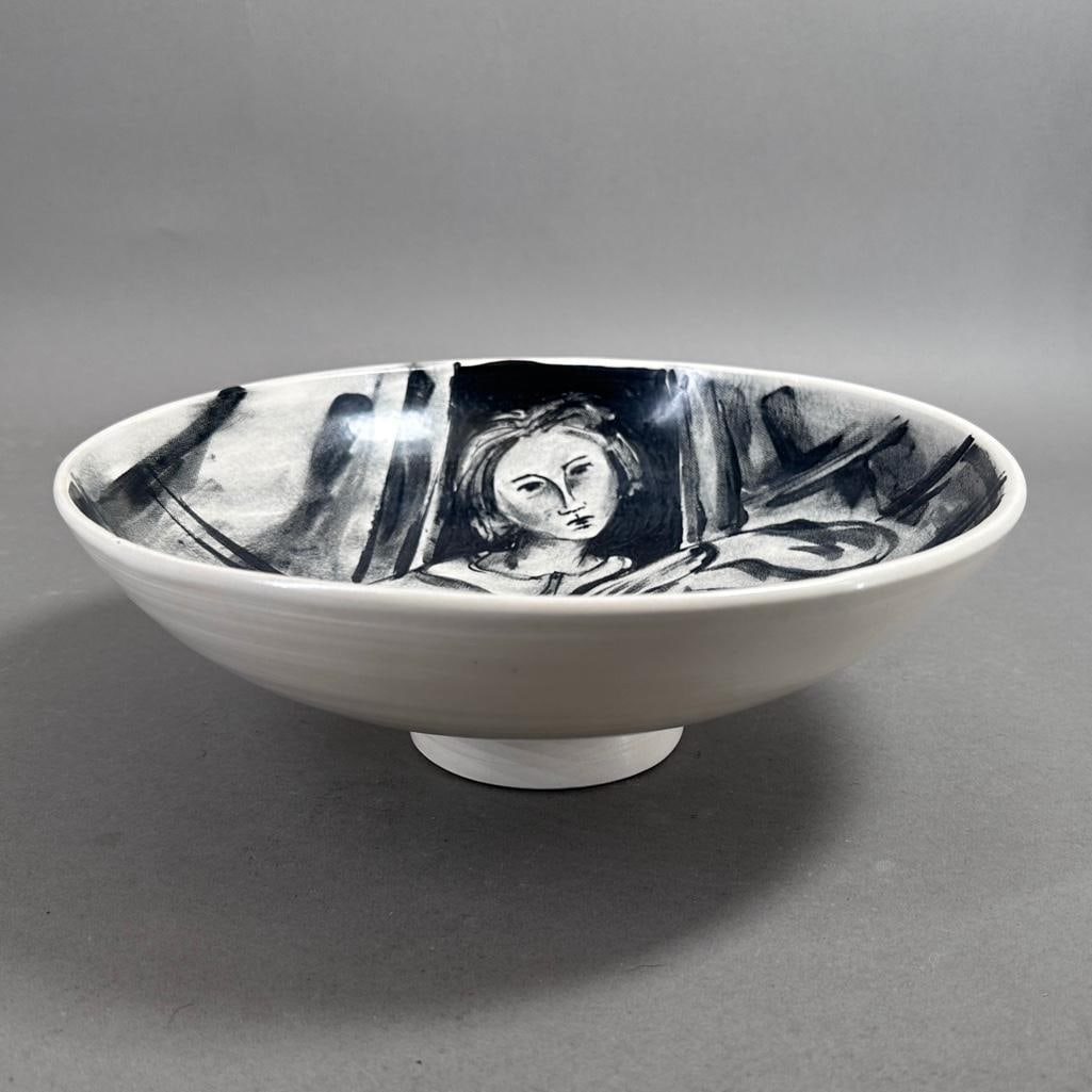 Contemporary Ceramic Bowl by Sally Jaffee: Sally Jaffee (American, California, 20th/21stc) Ceramic Bowl with Portrait, in black and white transfer printed with an image of a pensive woman. Signed Jaffee and numbered 5/96, also signed to unders