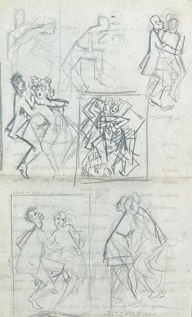 Clyde Singer Drawing, "Jitterbugs": Clyde Singer (American 1908-1999) "Jitterbugs," 1948, graphite on paper, the verso typewritten, signed, titled and dated in pencil, lower right, matted and framed.Dimensions: 12.75 x 8 in. ima