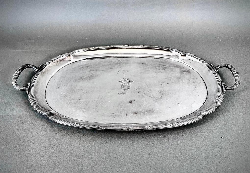 Antique Christofle Silver Plated Tray: Antique Christofle Silver Plated Tray, c.1844-62, lobed form with ribbon crossed border, with two handles, engraved to the center with a 19thc monogram F.M. Marked Christofle 84 with date hallmark and