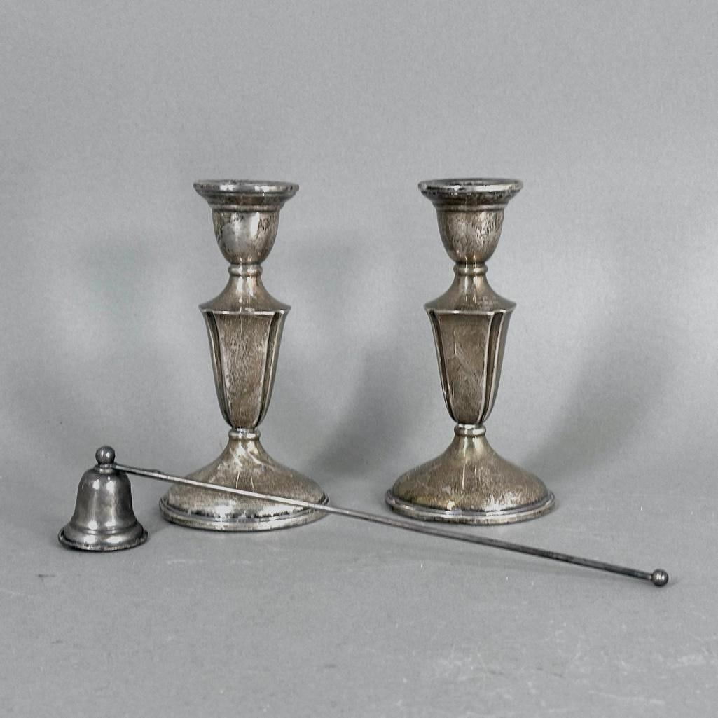 A Pair of Gorham Sterling Silver Weighted Candlesticks and Candle Snuffer (1 of 5)