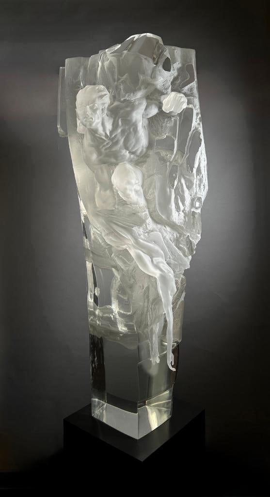 Richard MacDonald Lucite Sculpture, "Orpheus and Eurydice": Richard MacDonald (American, California, b.1946) "Orpheus and Eurydice, " 1990, lucite, signed to the base and dated, numbered 39/125, inscribed FAA, on rotating laminate base, lighted to the