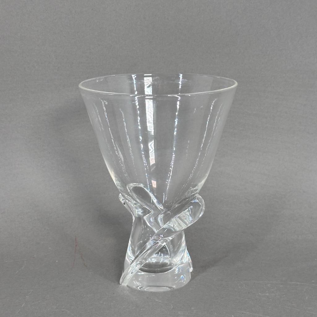 Steuben Colorless Crystal Vase and Bowl: Steuben Colorless Crystal Vase and Bowl, comprising a flared conical waisted vase with applied forms around the base, and a bowl with applied prunts to the base. Each with incised signature. Dimension