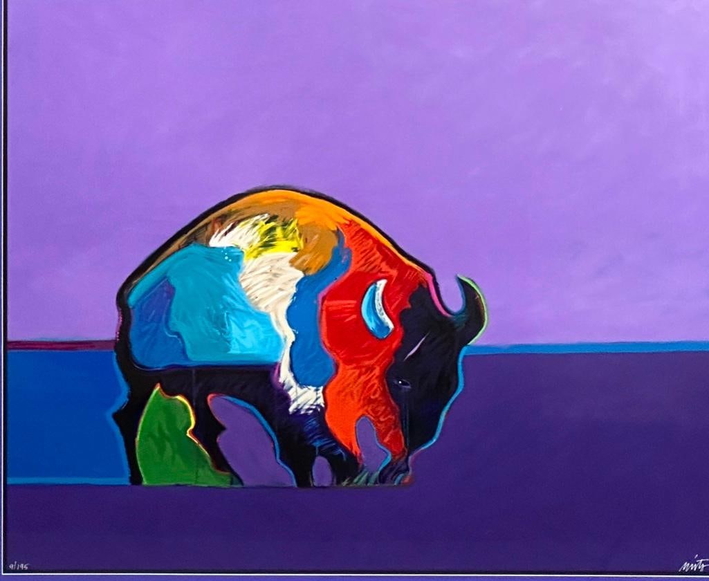 John Nieto (American 1936-2018): "Buffalo Medicine For The 90's", serigraph, numbered 9/195 lower left, signed lower right. Matted and framed under glass. Dimensions: As framed 43 in. x 36 in., sight size 38 in. x 32 in.