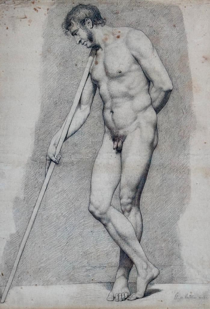 19thc. School Academic Drawing, Male Nude: 19thc. School Academic Drawing, Male Nude. Standing male nude, charcoal on cream colored laid paper, inscribed lower right, matted and framed. Provenance: Collection of Charles Phillips, Cleveland, Oh