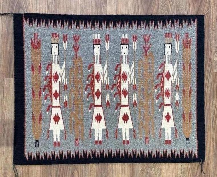 Navajo Woven Wool Yei Blanket, 36" x 28": Navajo Woven Wool Yei Blanket, four Yei figures and corn stalks woven in gray, tan, rust, cream and black. Dimensions: 36" x 28" Condition: Very good.