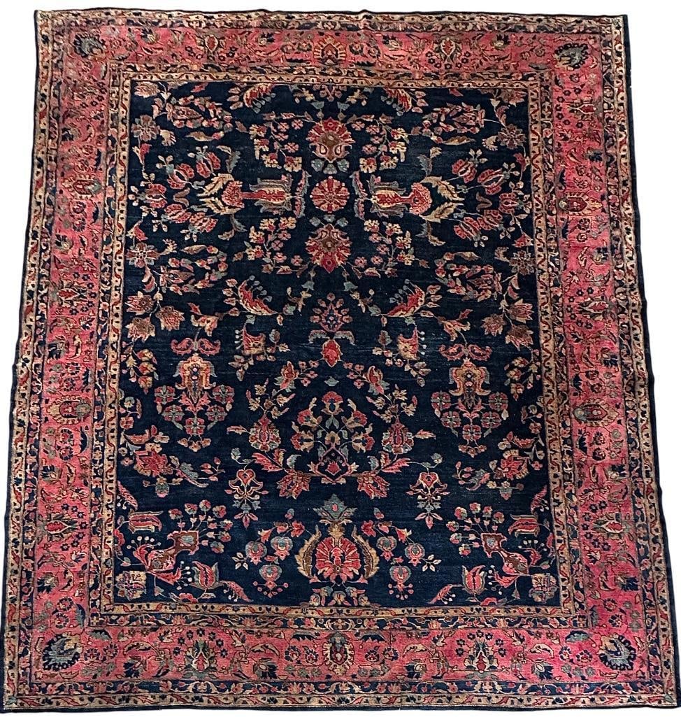 Blue Sarouk Carpet 12'5" x 10'6": Blue Sarouk Carpet 12'5" x 10'6". Soft, silky medium pile wool on cotton weft, no fringe, has been reduced in size. Vase design, wide soft pink border with smaller borders in dark blue