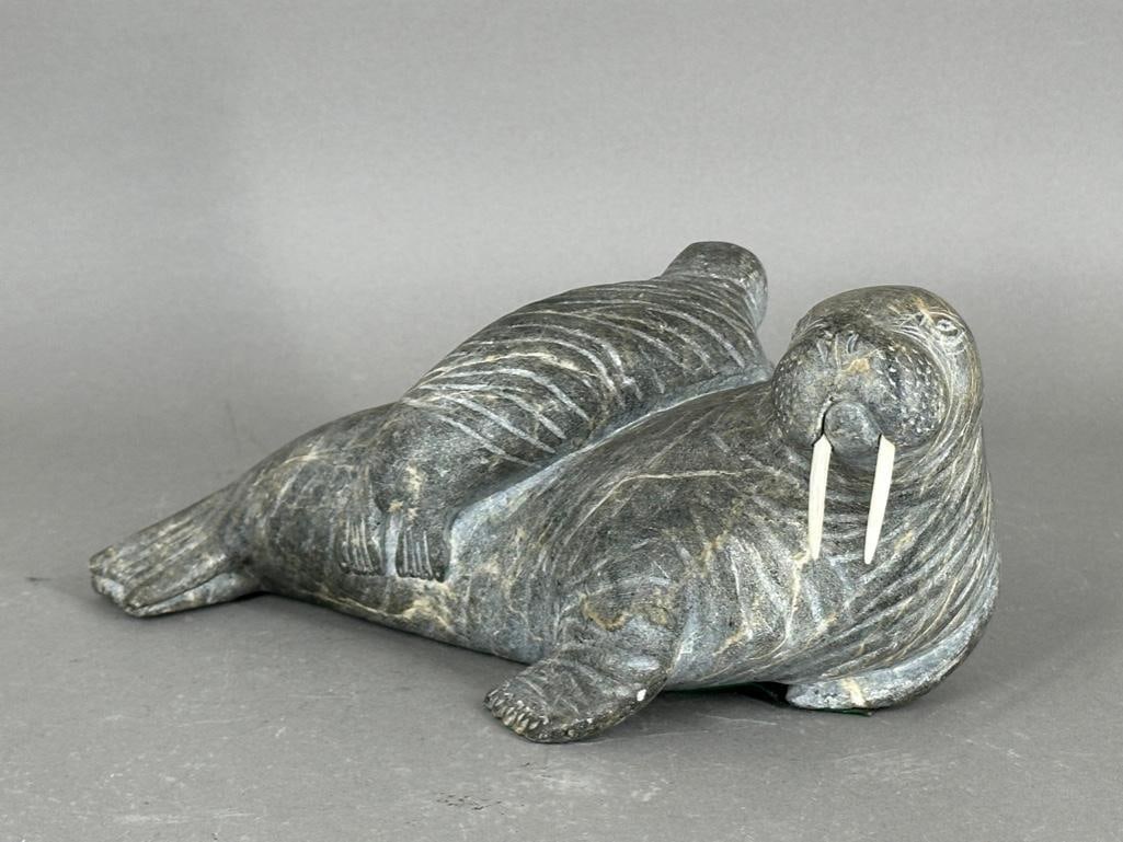 Inuit Carved Hard Stone Sculpture, Walrus with Calf, Signed (1 of 8)