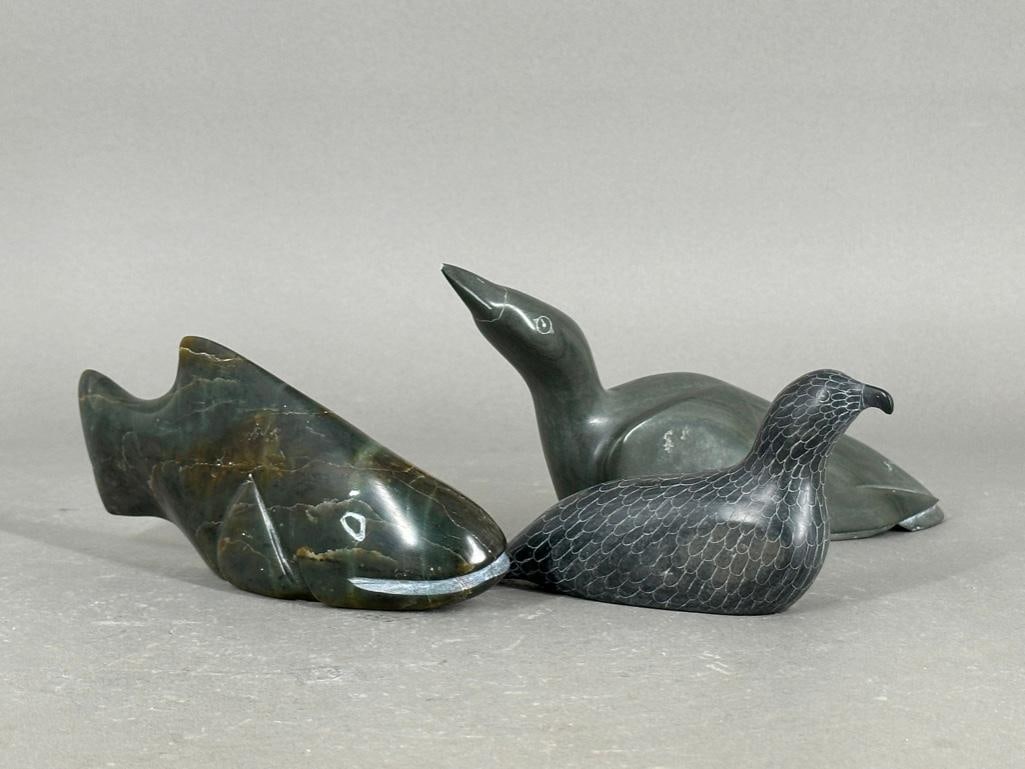 Three Inuit Carved Hard Stone Figures, Two Birds and a Fish (1 of 10)