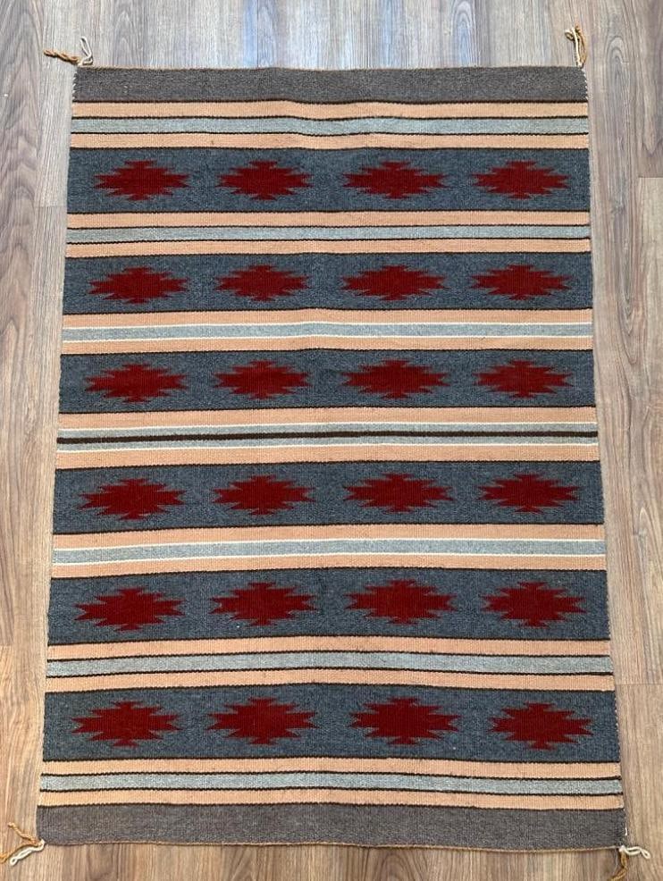 Navajo Woven Wool Carpet, 4'2 x 2'10: Navajo Woven Wool Carpet, Chinle design with horizontal registers in gray rust tan, brown and cream. Dimensions: 4'2 x 2'10 Condition: Very good vintage condition.
