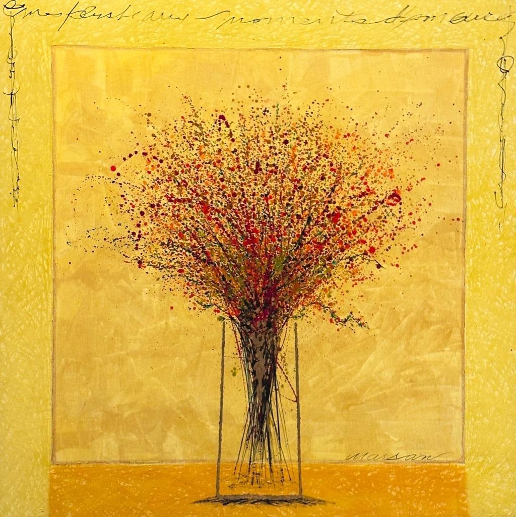 Lyse Collin-Marsan Oil, "Les Plus Beaux Moments": Lyse Collin-Marsan ( Quebec, b.1947) "Mes Plus Belle Moments," mixed media on canvas, signed lower right, signed and tiled verso, framed. With certificate of Authenticity Dimensions: 48 x 48 i