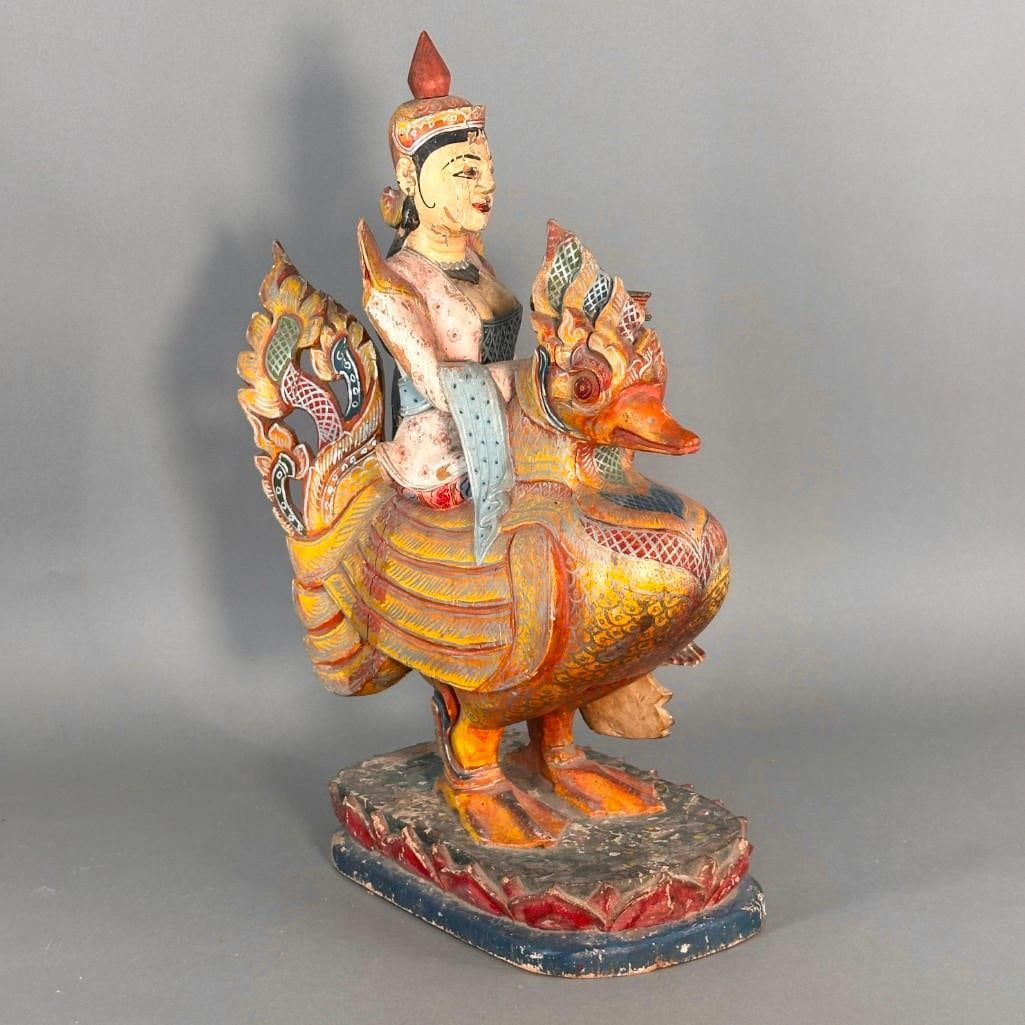 Carved and Polychromed Wood Figure of Goddess Thurathadi on a Hamsa Bird (1 of 13)