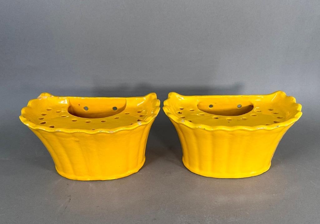 Pair of Vintage French Yellow Glazed Faience Bough Pots (1 of 6)
