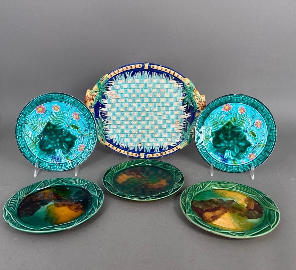 Wedgwood Majolica Napkin Tray with Additional Plates, 19th Century: The featured item in this group is a 12-1/2"L x 9-3/4"D napkin tray with a turquoise and white wove center on dark blue ground, stylized edges and bound organic handles, raised on oval foot, impr