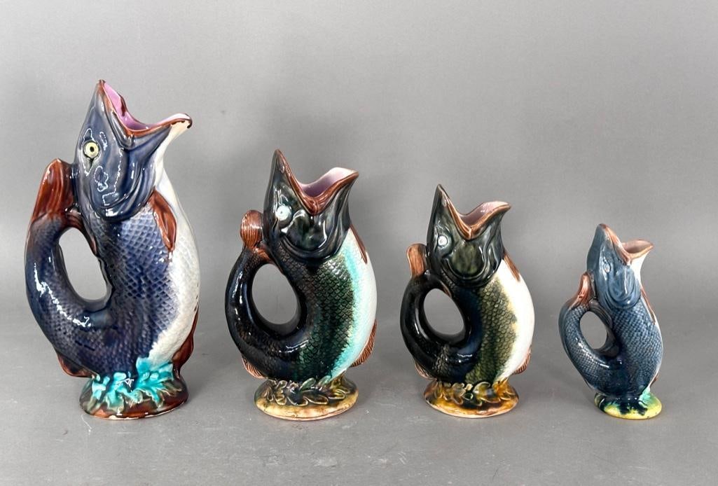 Graduating Set of Four Majolica Fish Pitchers (1 of 9)