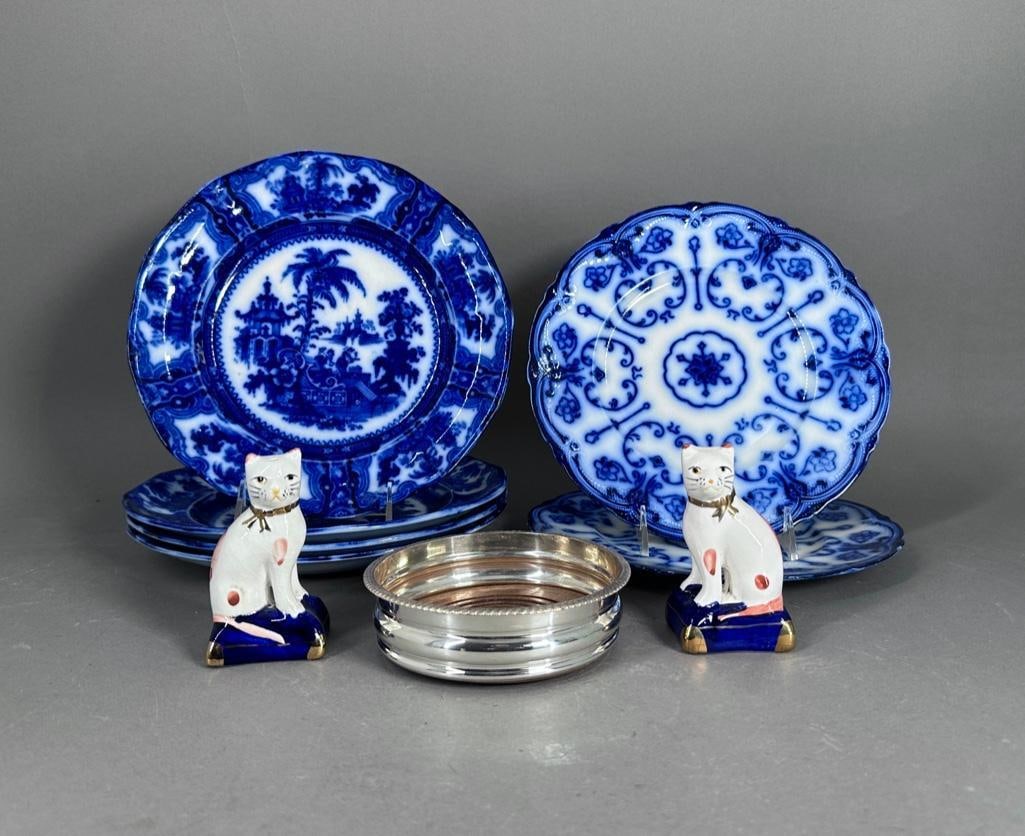 Assorted Lot: Flow Blue, Staffordshire Cats and Bottle Coaster (1 of 9)