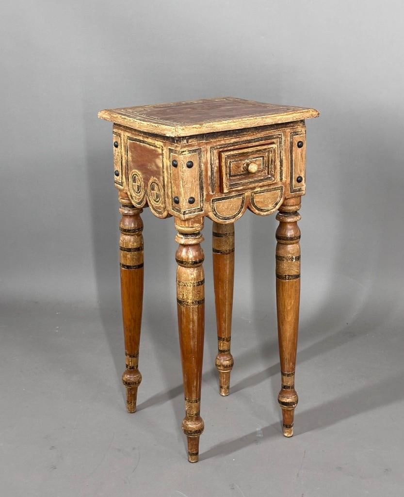 Shaped and Painted Finish One Drawer Stand, Contemporary: Shaped and Painted Finish One Drawer Stand, Contemporary, squared top over a shaped frieze with nail head trim, on tall tapering legs. Dimensions: 31 x 14 x 14 in. Condition: Very good with no damage