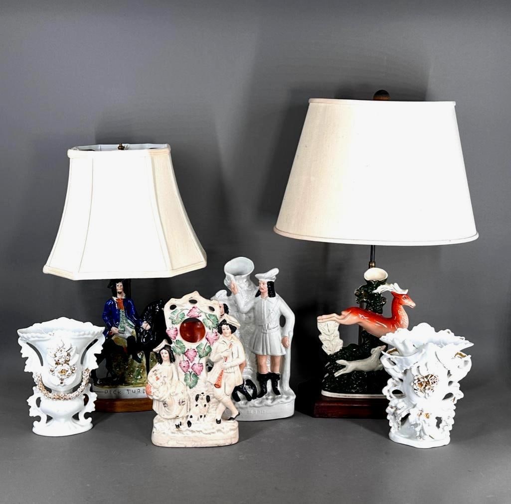 A Collection of Staffordshire: Lot includes "Dick Turpin", 11-1/2"T flat-back military figure, a large 14"T spill-vase of two Scottish men, a 12"T watch holder figural with a couple and their pets which sits in