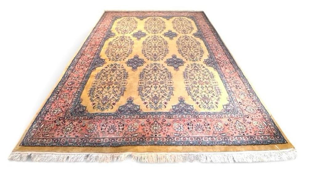 Turkish Oushak Style Carpet 12'5" x 9': Wool on Cotton weft, short fringe ends, overall light tan/beige ground with nine concentric oval medallions. Thick dense wool. Condition: an estate carpet, cleaning recommended, otherwise light wear f