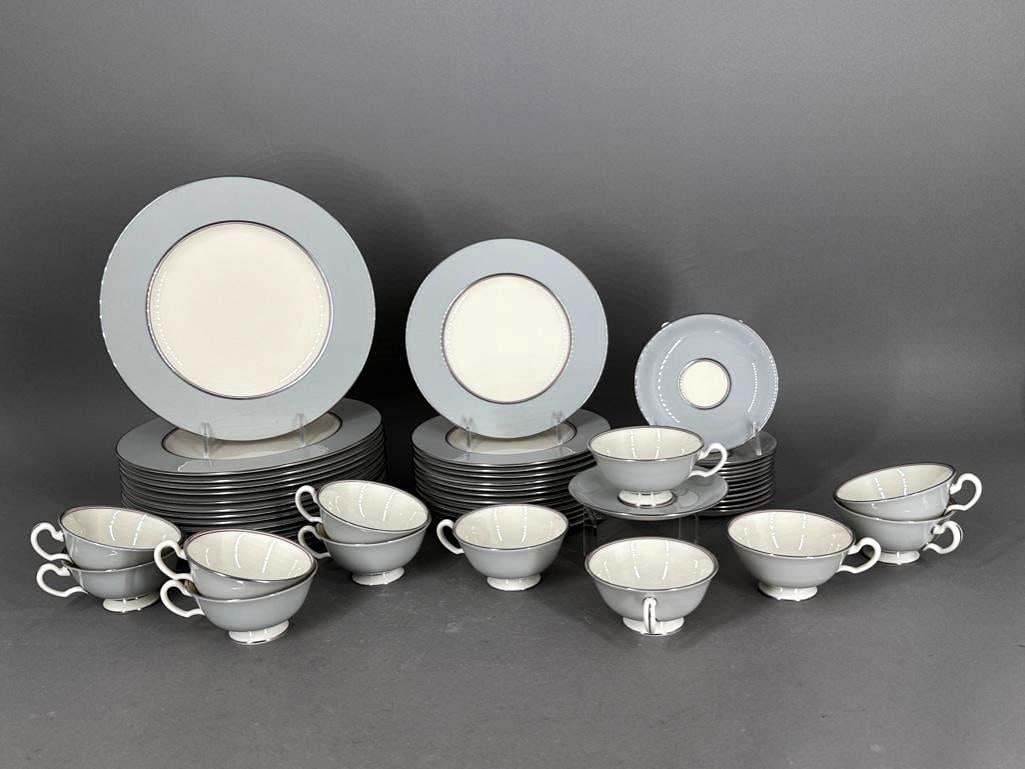 Lenox "Dubarry Gray" Partial Service: Scarlet and Gray colors-Go Bucks! Discontinued since 1967; gray border with 2 Inner rings, in red and platinum, having a platinum trim. Pattern code L DUG. Lot includes fourteen 10-1/2"D dinner p