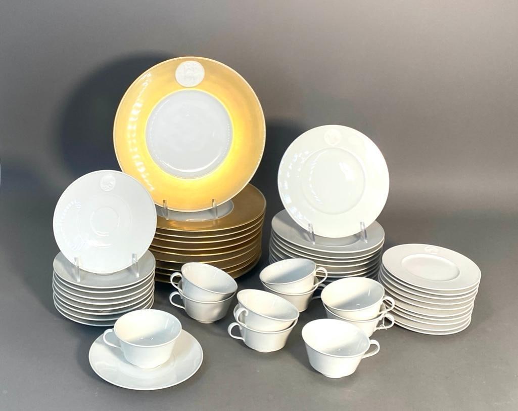 Berlin K.P.M. Porcelain Dinner Service, Arkadia Pattern: Berlin K.P.M. Porcelain Dinner Service, Arkadia Pattern, designed in 1938 by Trude Petri and Siegmund Schutz, comprising 10 Charger Plates with gilt rim borders, 11.5 in. dia. 10 Salad Plates, 8 in. d
