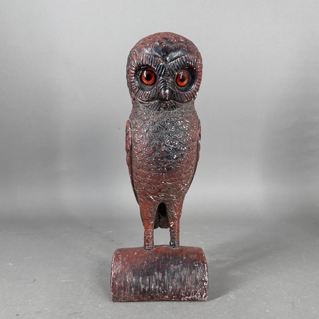 MCM Chalkware Owl, ca. 1960's: Made by Austin Productions, ca. 1965, chalkware owl with iron rod legs set in heavy base formed like a log. Hand painted with large orange glass eyes, signed under the tail feathers. Apprx 14"H. C