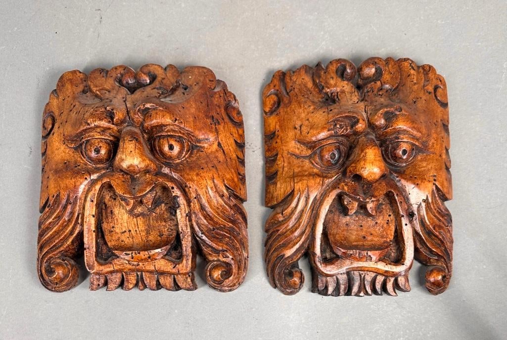 Pair of Carved Wood Gargoyle Faces (1 of 3)