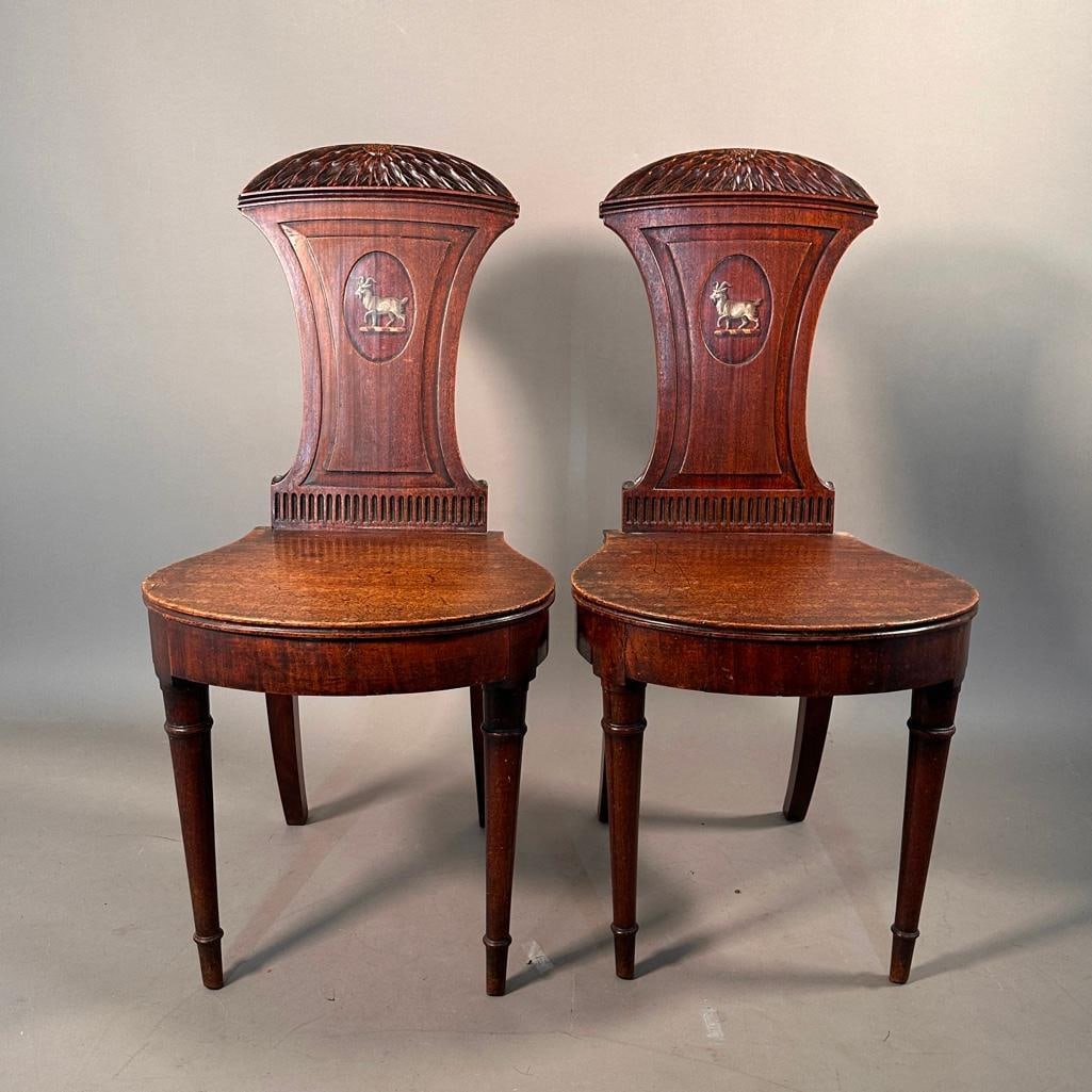 Pair of English Mahogany Armorial Hall Chairs (1 of 7)