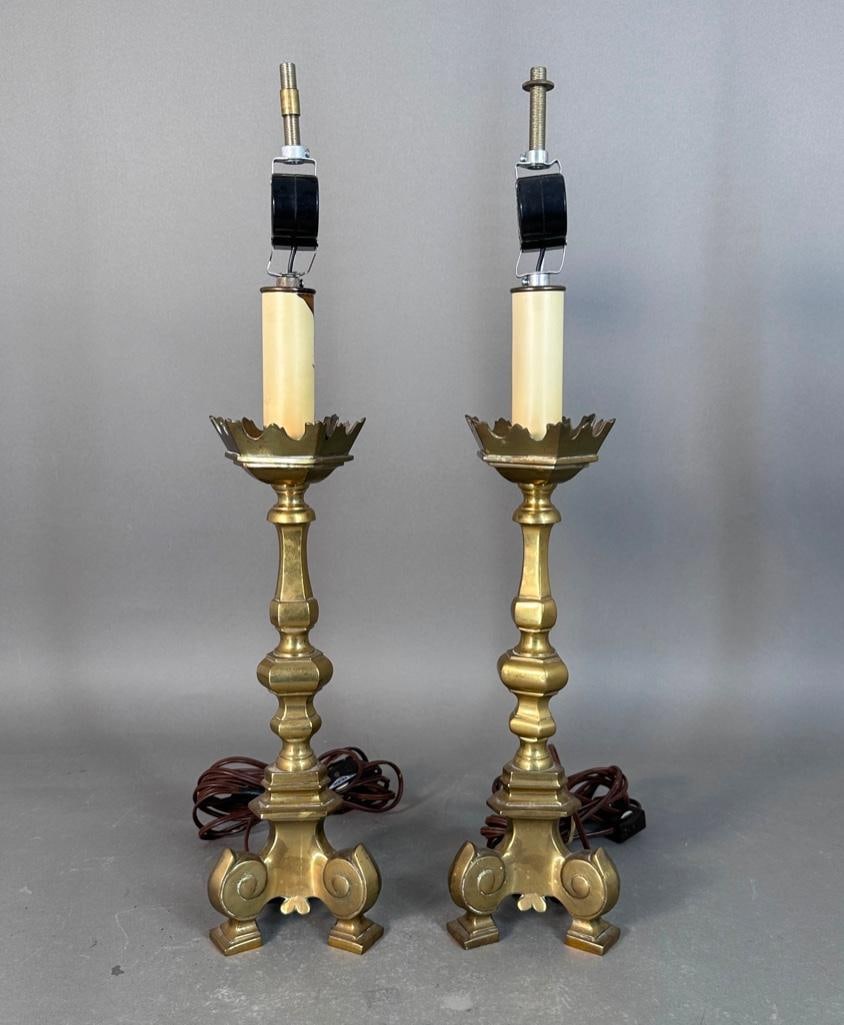 Par of Antique English Brass Pricket Sticks Fitted as Table Lamps (1 of 7)