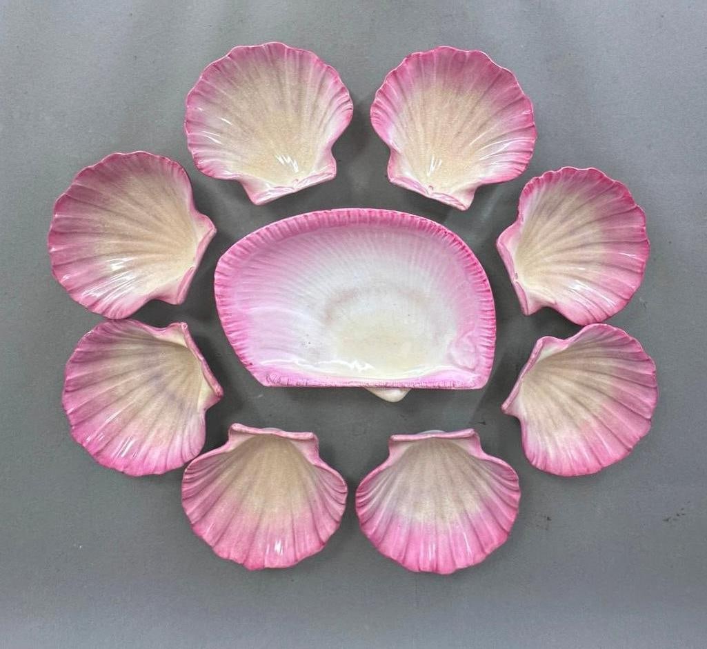 Wedgwood Pearlware Pink Shell Shaped Part Service, 18th/19thc.: Wedgwood Pearlware Pink Shell Shaped Part Service, 18th/19thc. Comprising 8 scallop shell small dishes and a larger clam shell shaped serving dish, glazed in deep pink shading to pale and cream