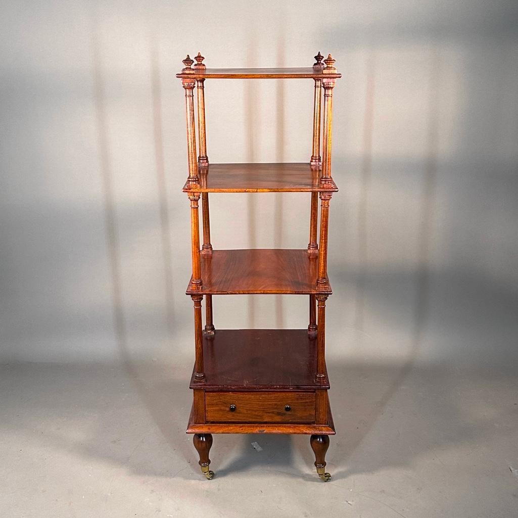 English Regency Mahogany Etagere, 19thc.: English Regency Mahogany Etagere, 19thc. Four square open shelves on turned columnar supports over a single drawer and molded base, raised on turned shaped legs tapering toward the base and ending in 