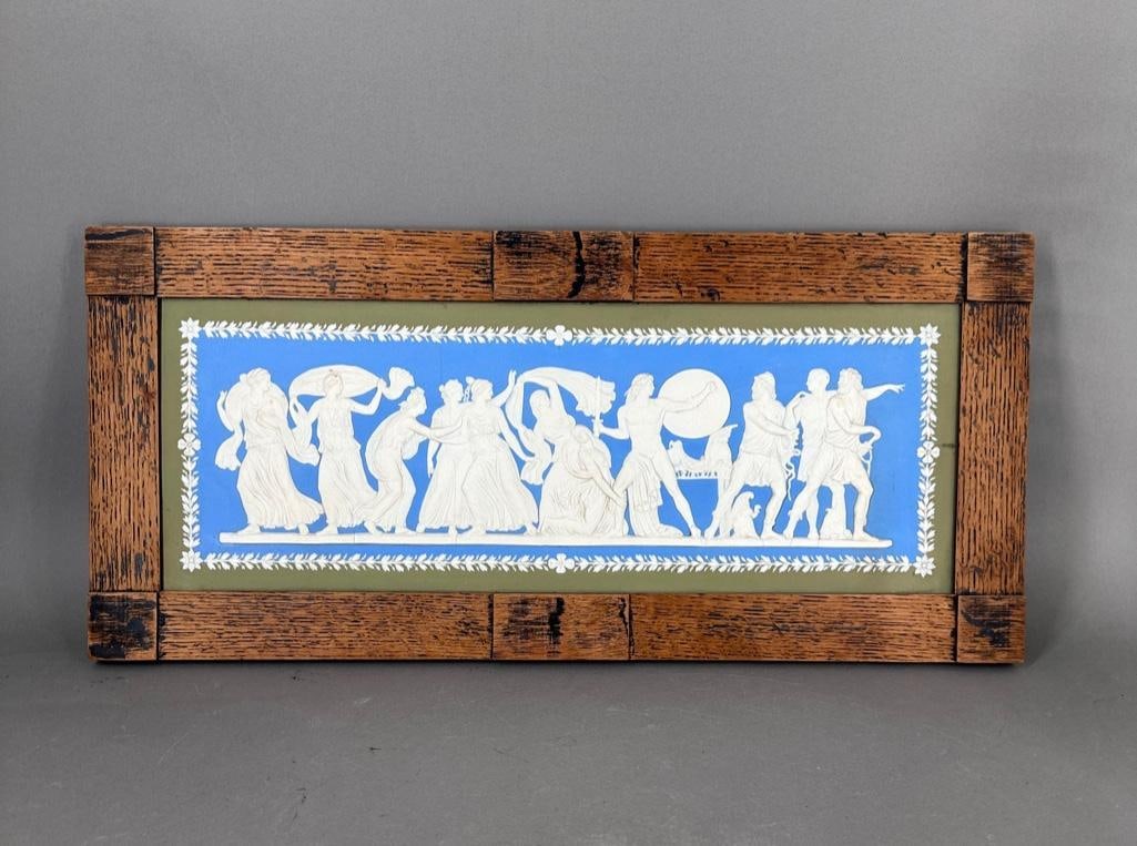 Wedgwood Tricolor Jasperware Plaque, Achilles Among the Daughters of Lycomedes: Wedgwood Tricolor Jasperware Plaque, Achilles Among the Daughters of Lycomedes, c.1790, modelled by John De Vaere, c.1755-95, from the series of the Life of Achilles. In pale blue, white and sage