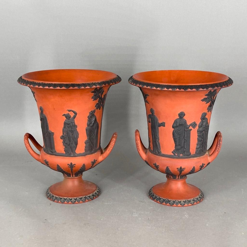 A Pair of Wedgwood Rosso Antico Jasper Krater Form Vases, 18th/19thc.: A Pair of Wedgwood Rosso Antico Krater Form Vases, 18th/19thc. Krater forms with flared rims and applied loop handles, the redware ground decorated in bas relief with neoclassical style black basalt