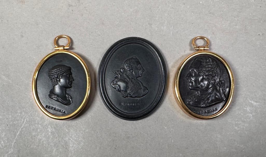 Three Wedgwood and Bentley Black Basalt Medallions, late 18thc.: Three Wedgwood and Bentley Black Basalt Medallions, late 18thc. Two oval forms framed in brass, the third unframed, depicting Petronia, Condamine and the King of Prussia, each stamped Wedgwood & B