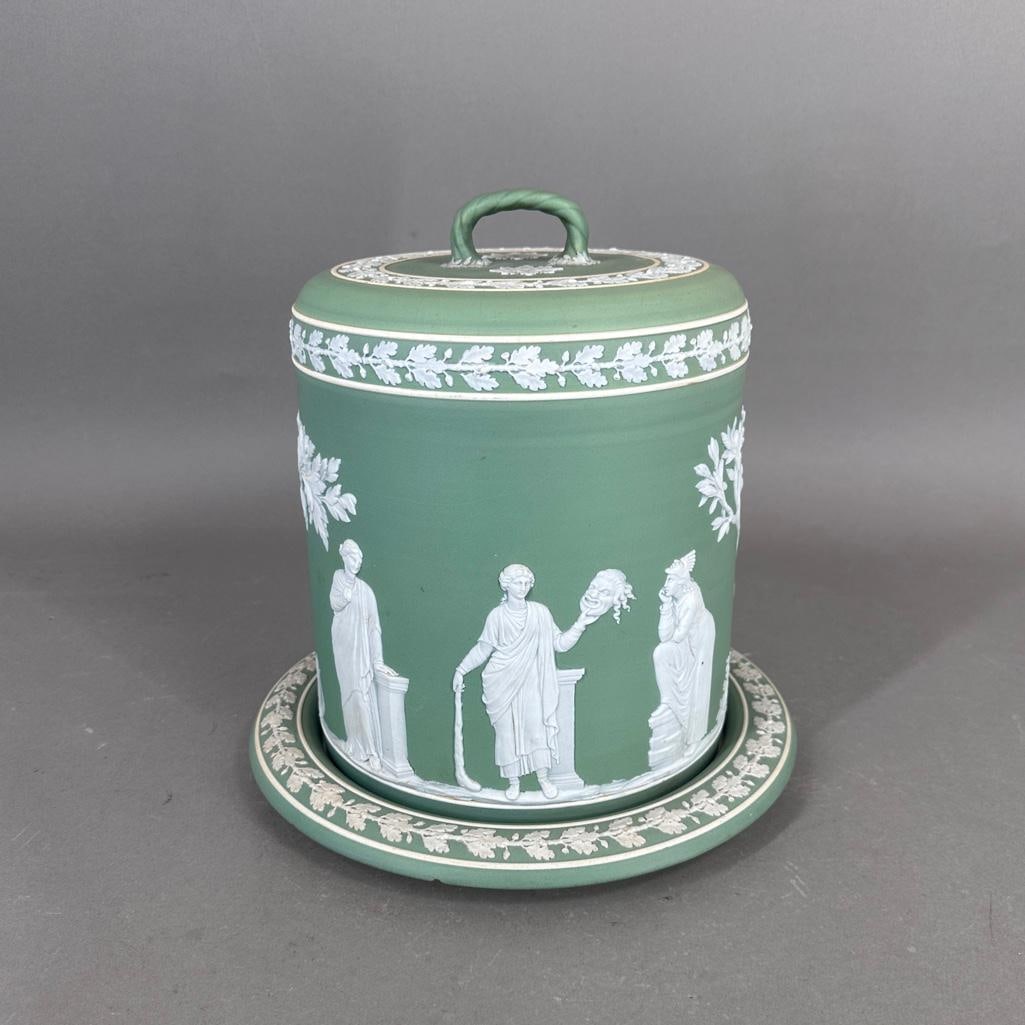 Wedgwood Green Jasper Dip Cheese Dome, 19thc.: Wedgwood Green Jasper Dip Cheese Dome, 19thc. tall dome form with rope twist handle, decorated around the form with classical figures representing the arts, with banded oak leaf and acorn borders. Imp