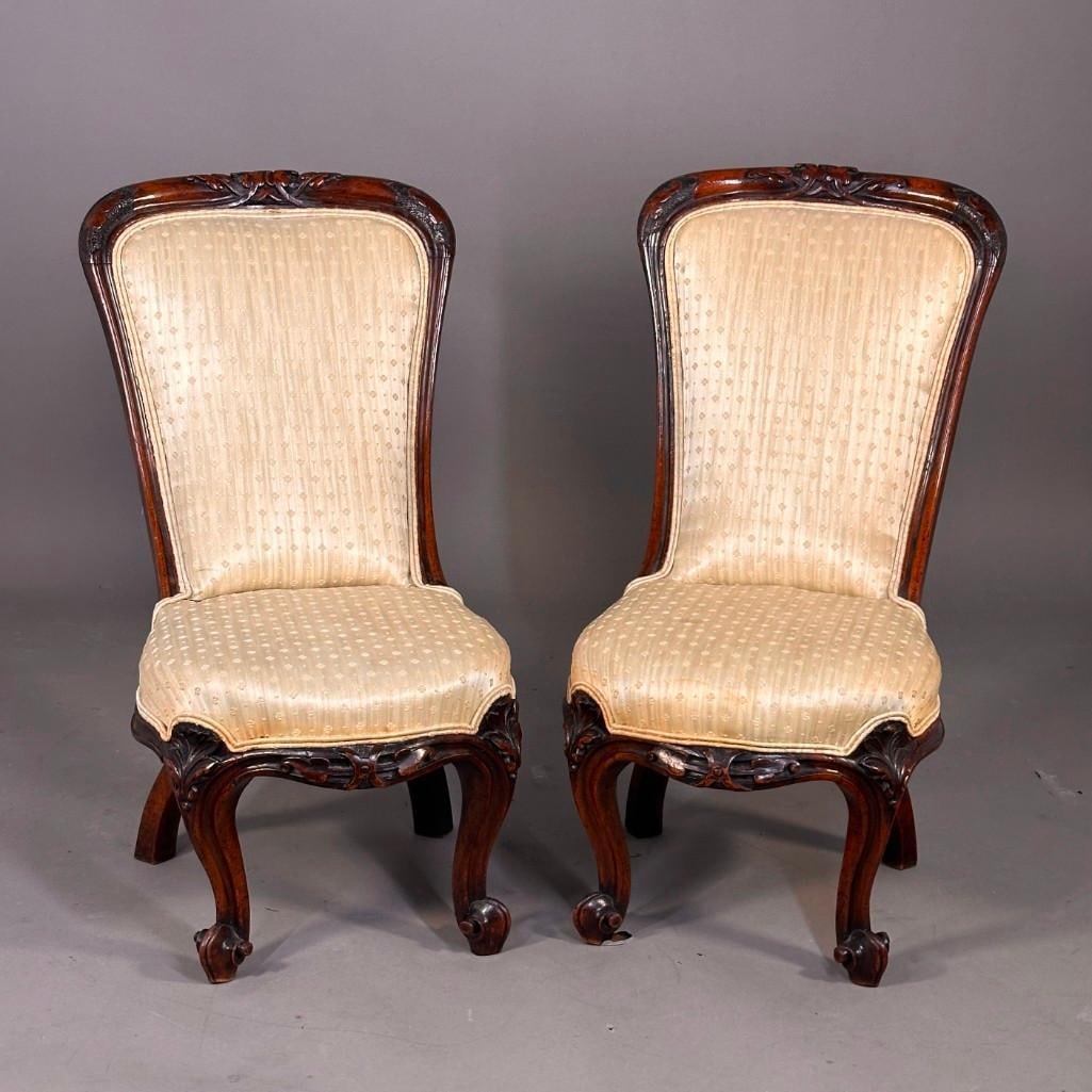 Pair of English Victorian Carved Walnut Slipper Chairs (1 of 8)