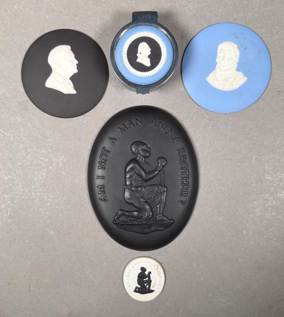 Five Wedgwood Jasper Medallions: Five Wedgwood Jasper Medallions, comprising a large black basalt medallion of the Wedgwood Anti-Slavery medallion, modern; a small black and white medallion of the same subject, a George Washington