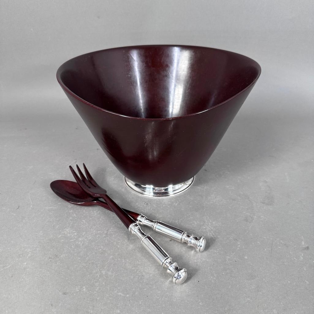 Sterling Silver and Laminated Wood Salad Bowl with Servers (1 of 10)