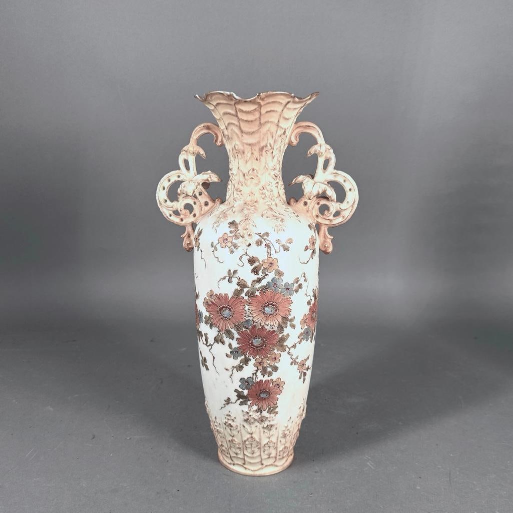 Porcelain Hand Painted Cabinet Vase: Porcelain vase, hand painted and gilt, with elaborate handles intact, webbed rim with ruffled edge, marked on bottom "22". Body molded form with relief, matte finish, hand painted. Impressed n
