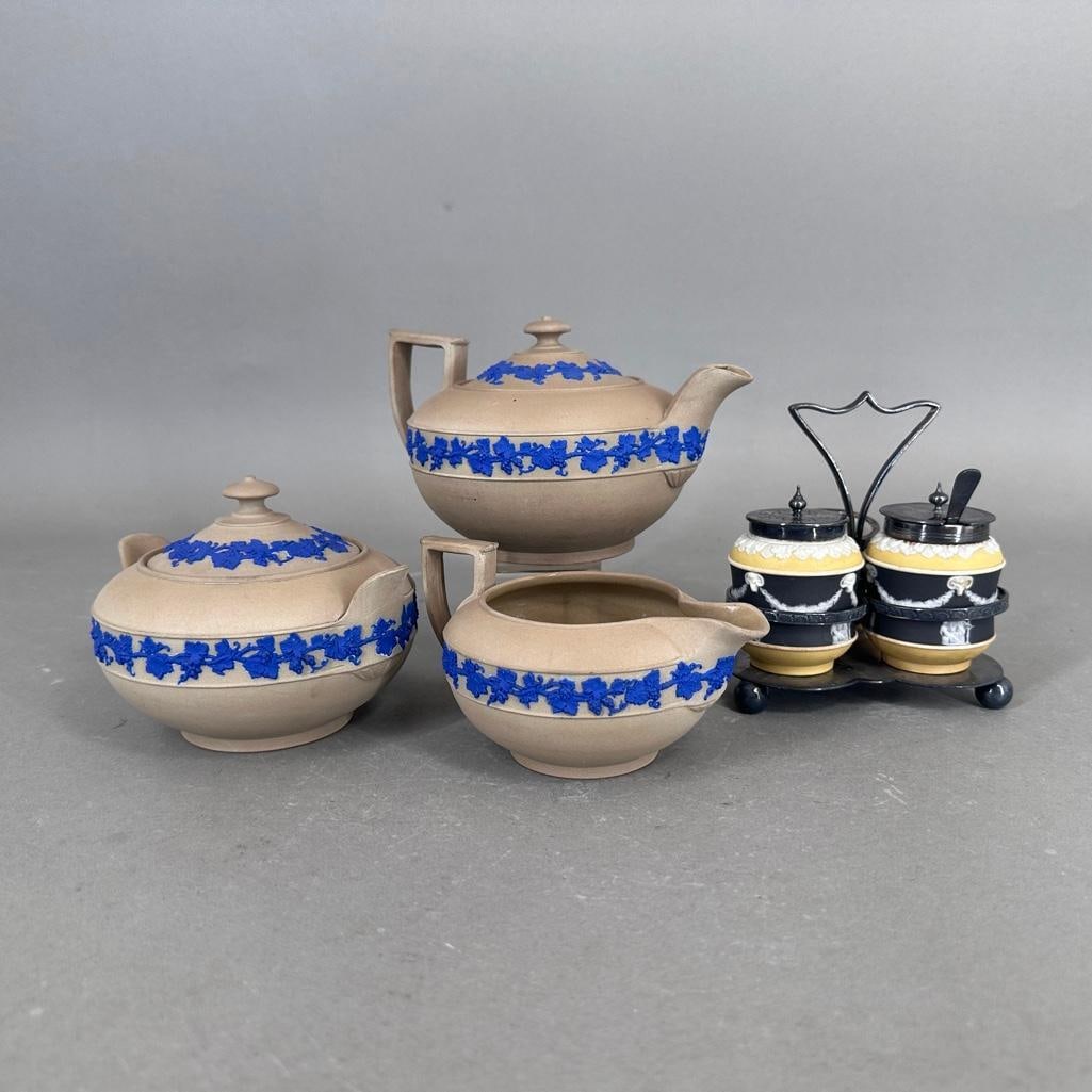 Wedgwood Three Piece Jasper Drabware Tea Service and Tri-Color Condiment Set in Stand (1 of 18)