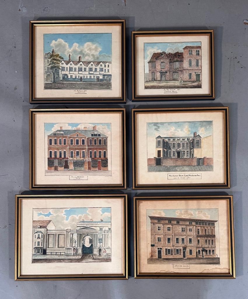 Six Watercolors of British Sites: Six Watercolors of British Sites, Probably John Woodhouse, comprising; "An Old House, Lambeth Marsh, 1806," signed J.W. lower right, "The Exchequer Office, Westminster, " "Prince R