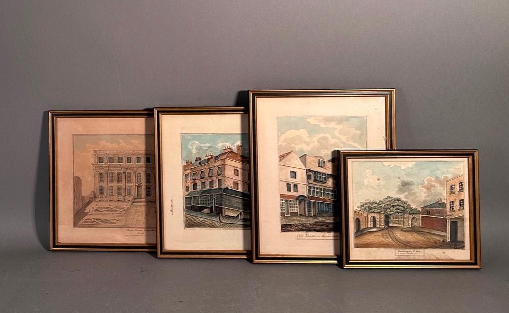 Four Watercolors of British Sites: Four Watercolors of British Sites, comprising; "Buckingham Gate from Pimlico, " Corner of York and Jeremy Streets, "Old Houses in Leddenhall Street, 1805, and " Powis House, Great Armo