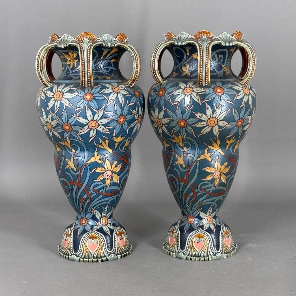 Large Pair of Mettlach Art Nouveau Glazed Stoneware Vases, c.1910 (1 of 9)
