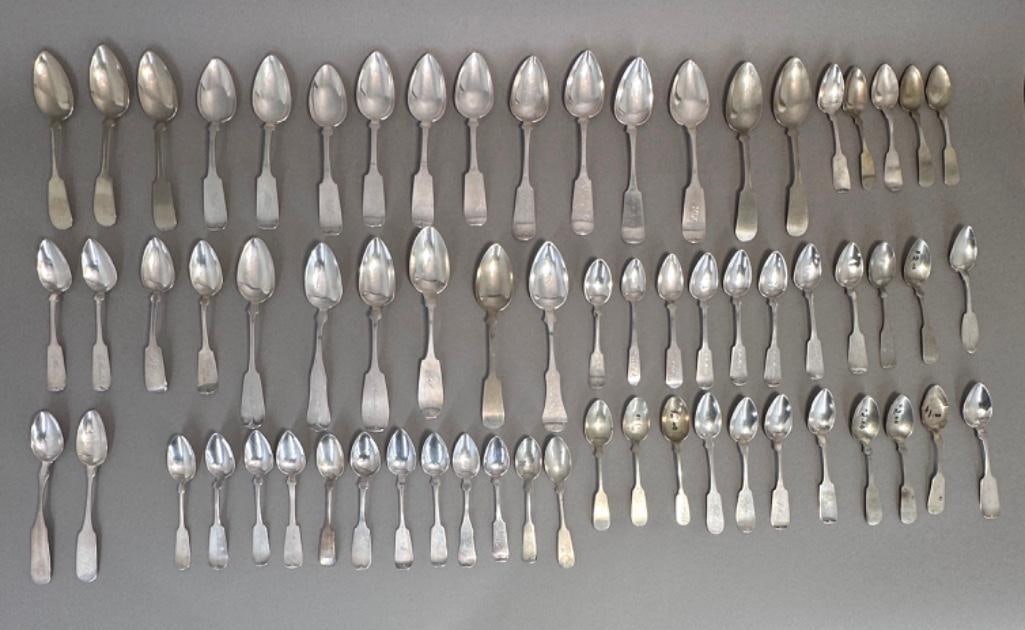 A Large Collection of Coin Silver Fiddle-back Spoons, 19th century, 4 lbs (1 of 10)