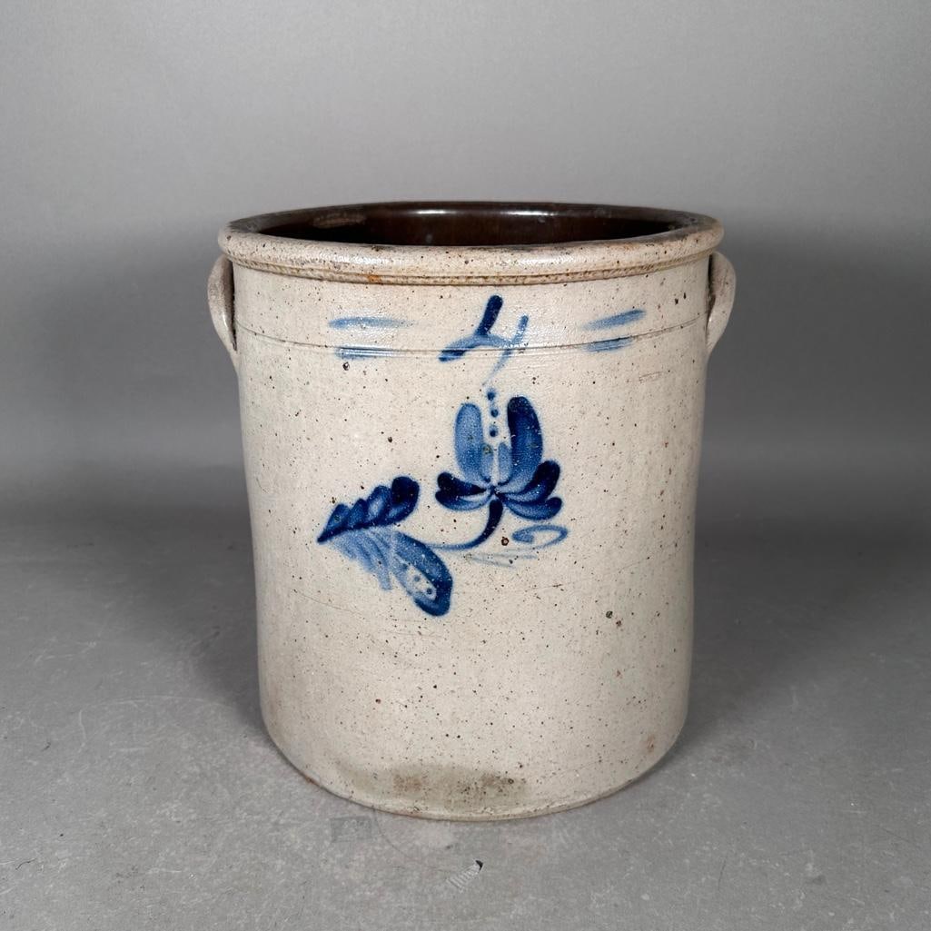 Stoneware 4 Gallon Cobalt Decorated Crock, Late 19th Century: Tapered form with freehand cobalt blue painting of a flower under numeral 4, tooled collar and applied lug handles, well formed rounded lip. Apprx 11.5"T. Condition: Very good.