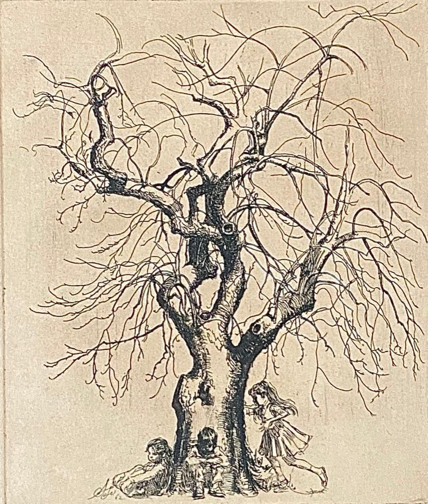 Sheldon Fink Etching, "Ancient Apple": Sheldon (Shelly) Fink (American 1925-2002) "Ancient Apple," etching on paper, signed in pencil lower right, numbered lower left, matted and framed. Dimensions: 5 x 4.5 in. image size, 14 x