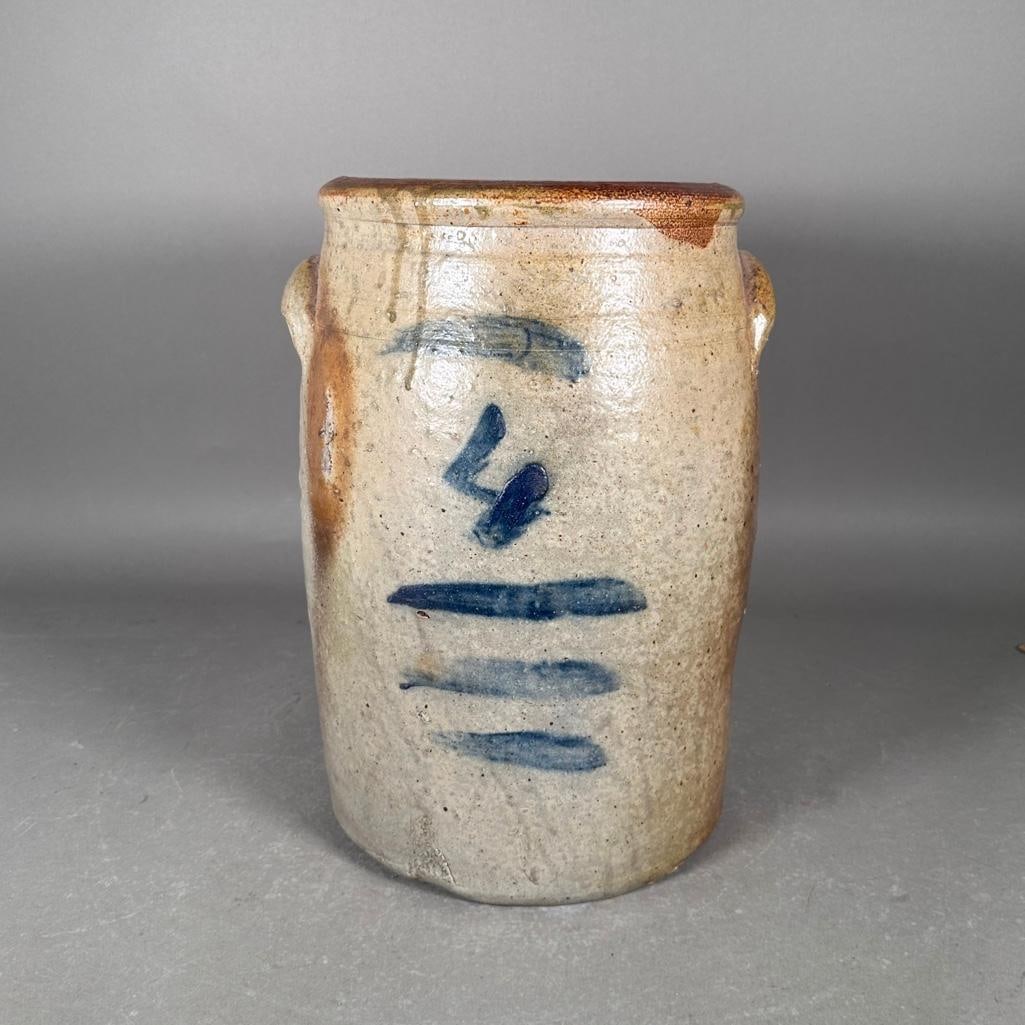 Salt Glazed Cobalt Decorated 4 Gallon Crock, 19th Century: Cobalt freehand decorated crock, capacity numbered 4 with four lines, applied lug handles, rounded rim, unmarked or signed, faint tooled band near top, apprx 14.25"T. Condition: Very good.